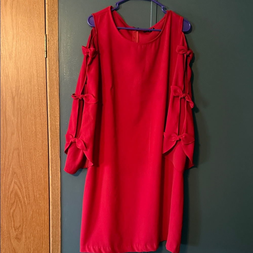 Roz & Ali Vibrant Red Long Sleeve Dress with Bow Details